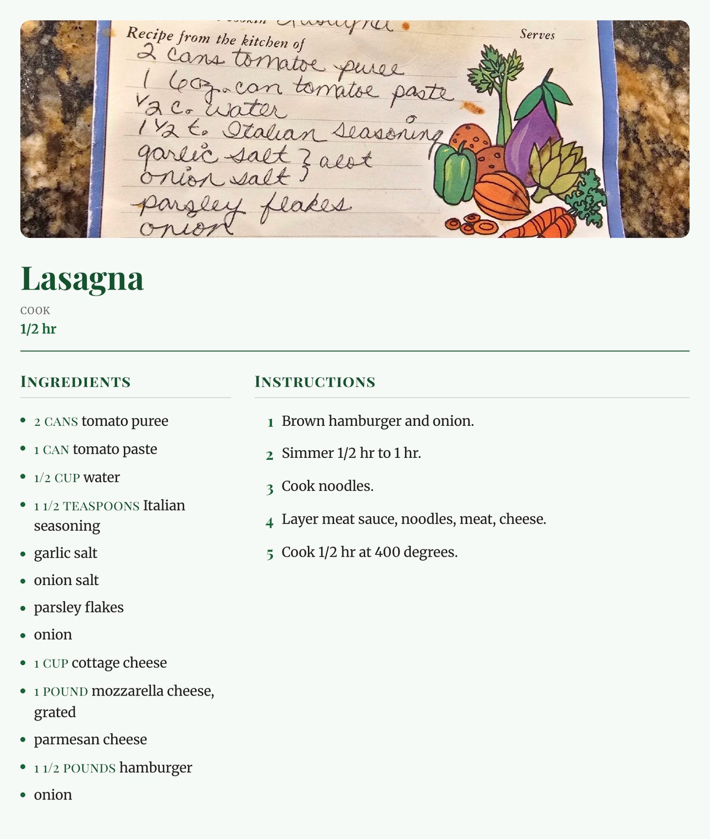 The Lasagna recipe set as one page in the Classic style