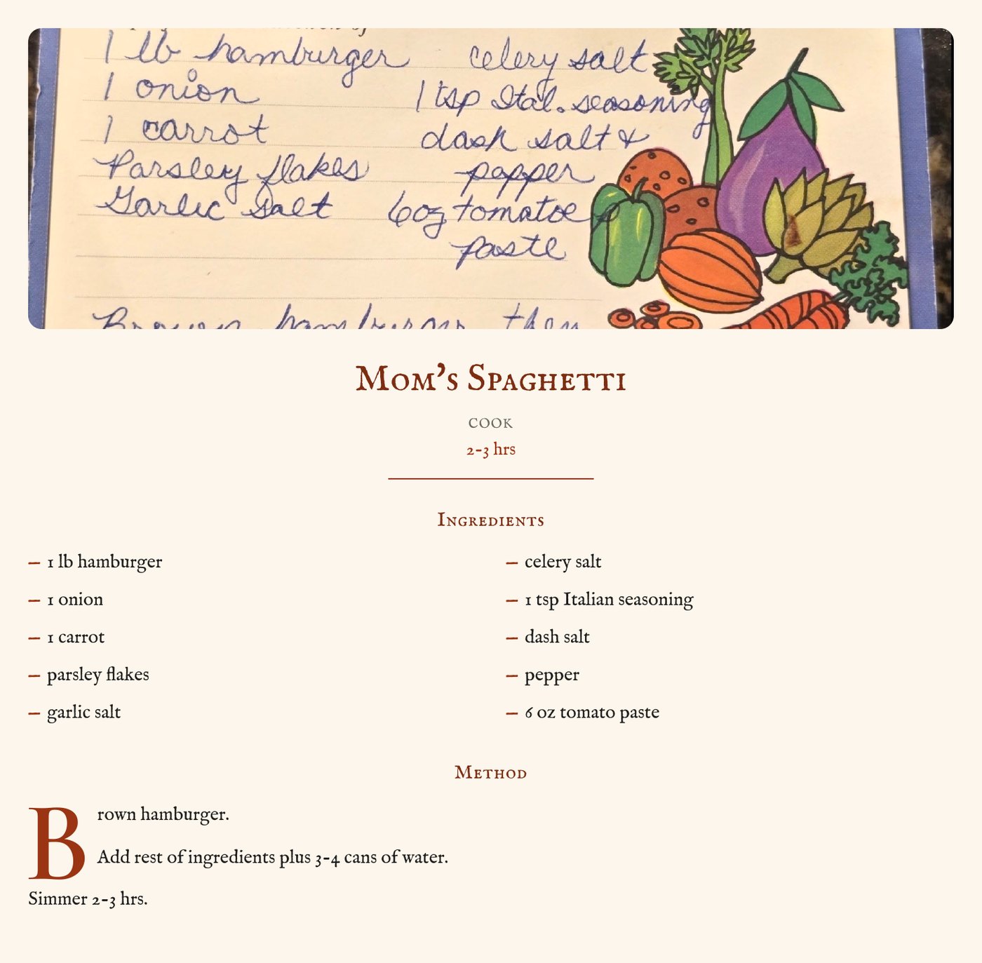 Mom's Spaghetti set in the Heritage style, with a photo of the card across the top