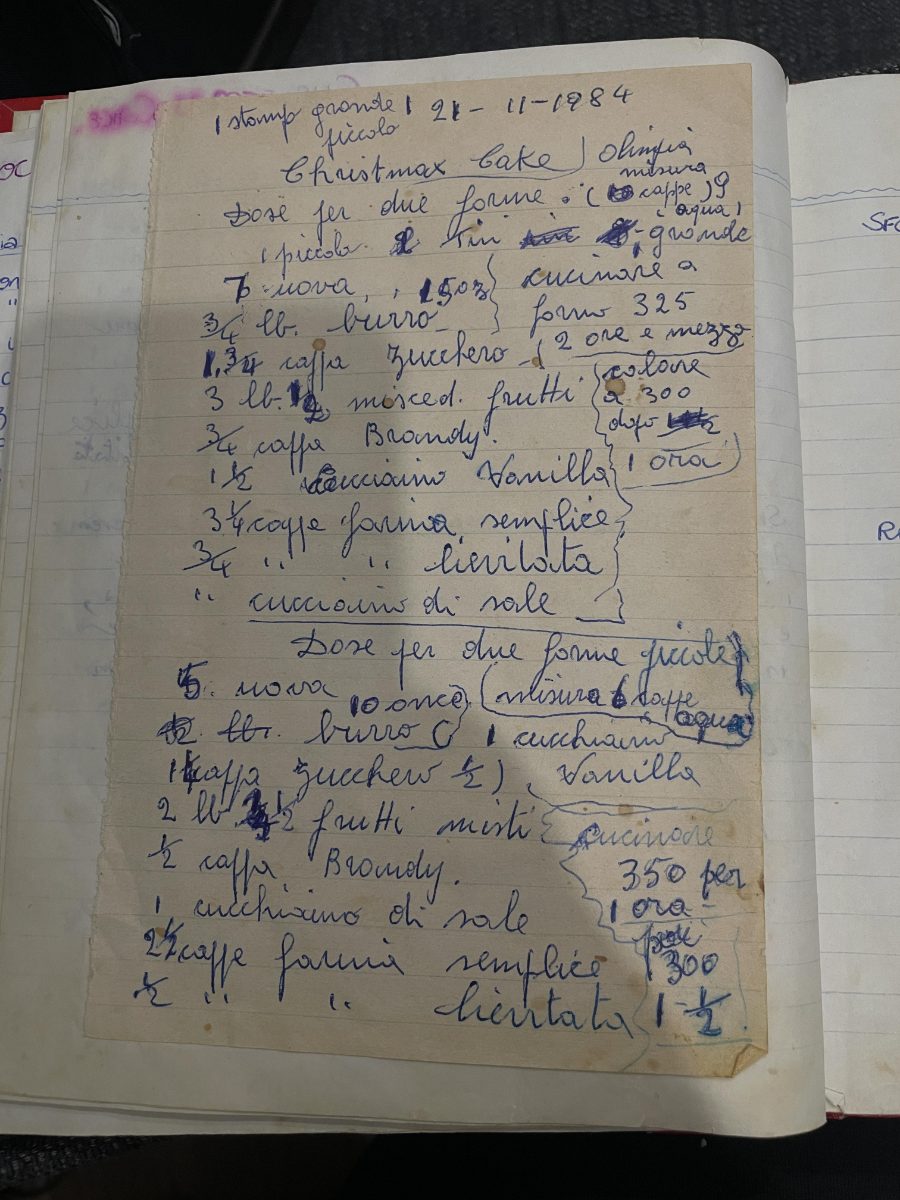 A 1984 Christmas cake recipe handwritten in Italian in an old notebook