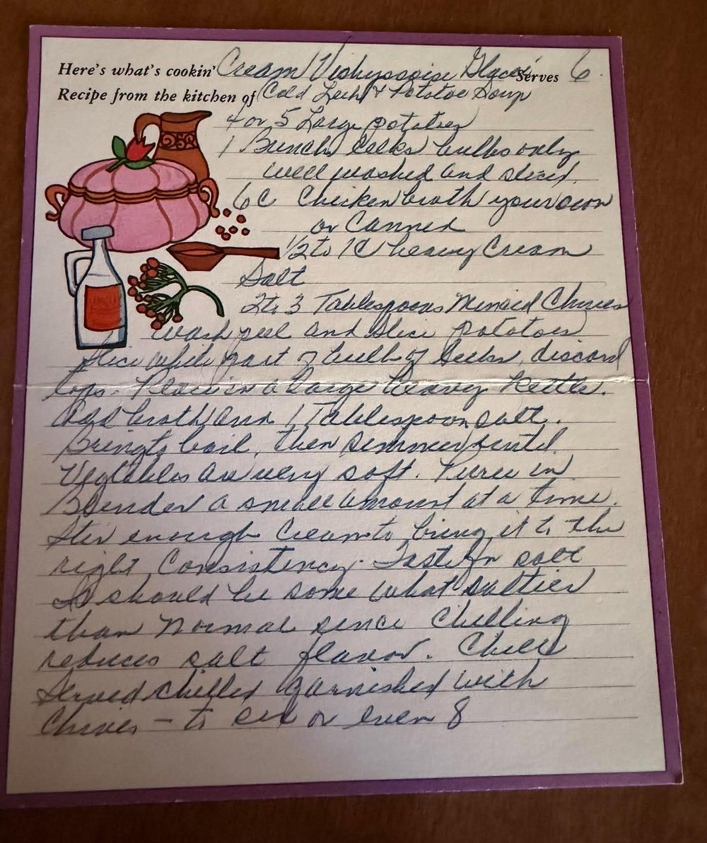 A recipe for Cream Vichyssoise Glacé, cold leek and potato soup, in fast cursive on a folded card